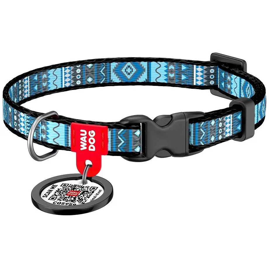 Ошейник для собак Waudog Nylon Этно синий, с QR паспортом, пластиковый фастекс, 20-30х1 см - фото 1