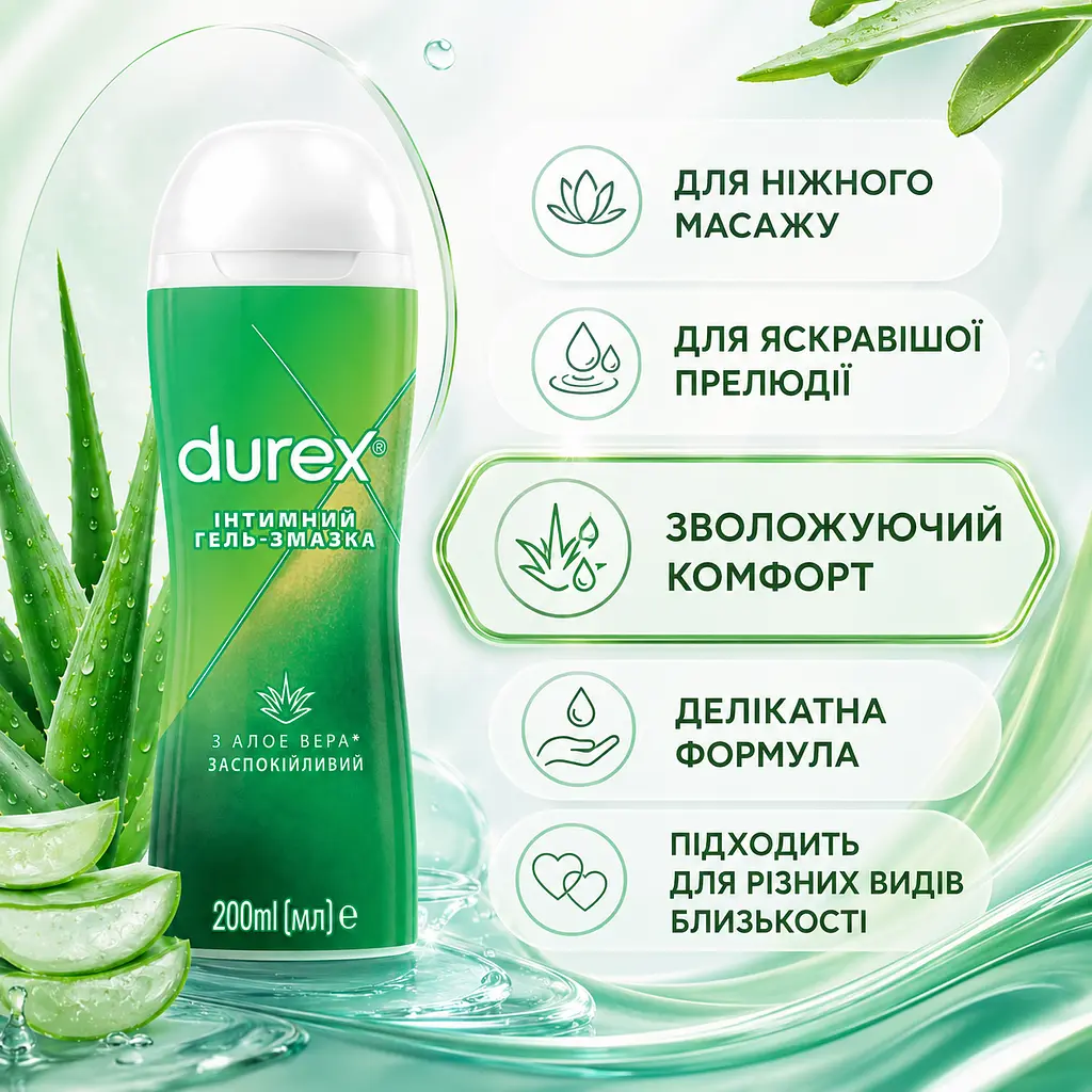 Лубрикант DUREX Massage Aloe Vera 200 МЛ інтимна гель-змазка на водній основі для масажу та зволоження - фото 4
