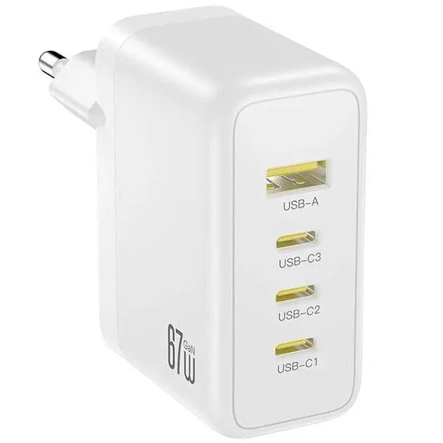 Зарядний пристрій 4 порти XO CE39 67W GaN Fast Charger (3x USB-C 67W і 1x USB-A 22.5W) білий