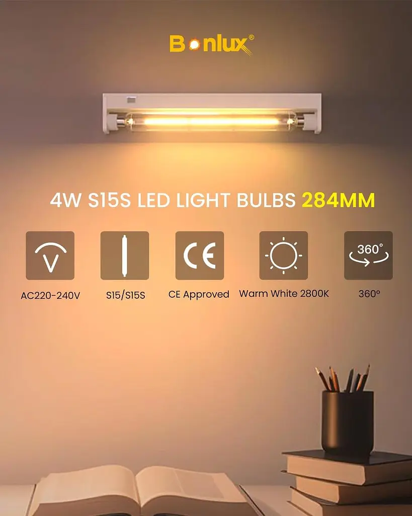 Bonlux 4W S15s Світлодіодні лампи 284 мм Теплий білий 2800K 60W S15 Заміна лампи S15s Fitting Lamp T25 Трубчаста прозора - фото 3