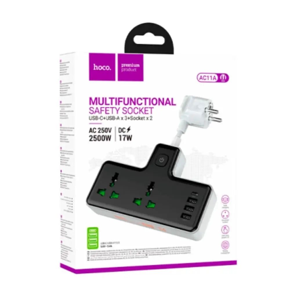 Мережевий фільтр живлення HOCO AC11A, 2 роз, 3 USB, USB-C, 17W, 1,5м Black (AC11AB) - фото 4