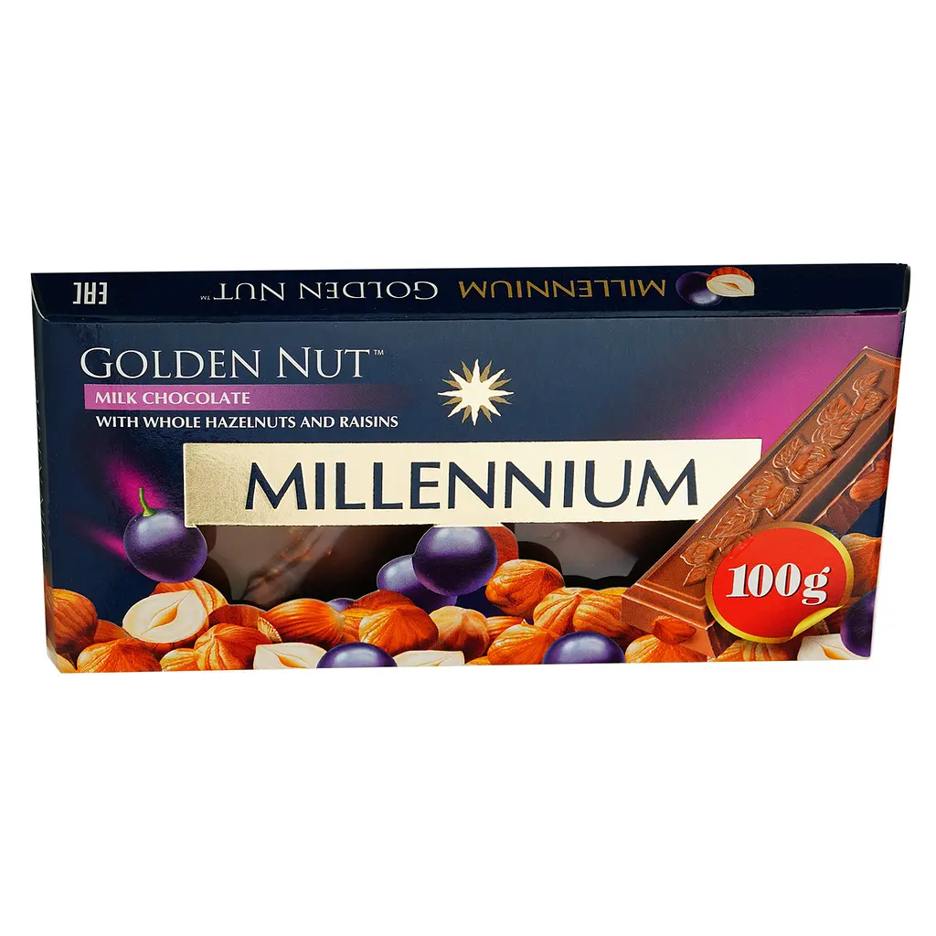 Шоколад молочний Millennium Gold з цілими лісовими горіхами та родзинками 100 г - фото 2
