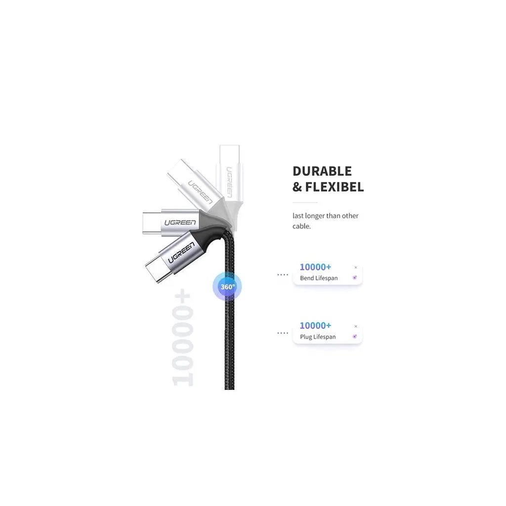 Дата кабель USB-C to USB-C 2.0m US261 18W Round Cable Nickel Plating Aluminum Shell Black Ugreen (50152) - фото 5