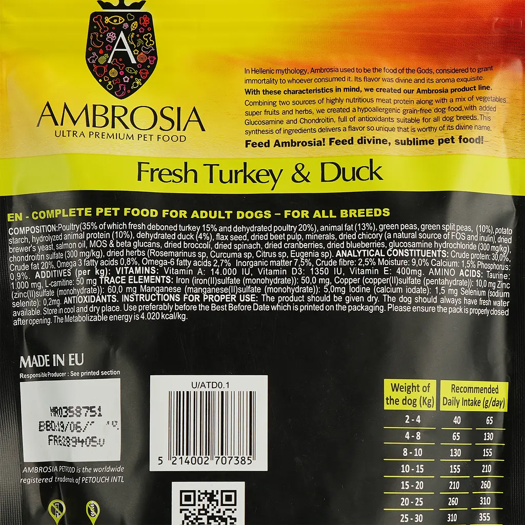 Набір: Корм сухий Ambrosia Grain Free Dog Adult Fresh Turkey & Duck для дорослих собак зі свіжою індичкою та качкою 100 г + Ambrosia Grain Free Dog Adult Sensitive Fresh Turkey & Rabbit для дорослих собак зі свіжою індичкою та кроликом 100 г - фото 5