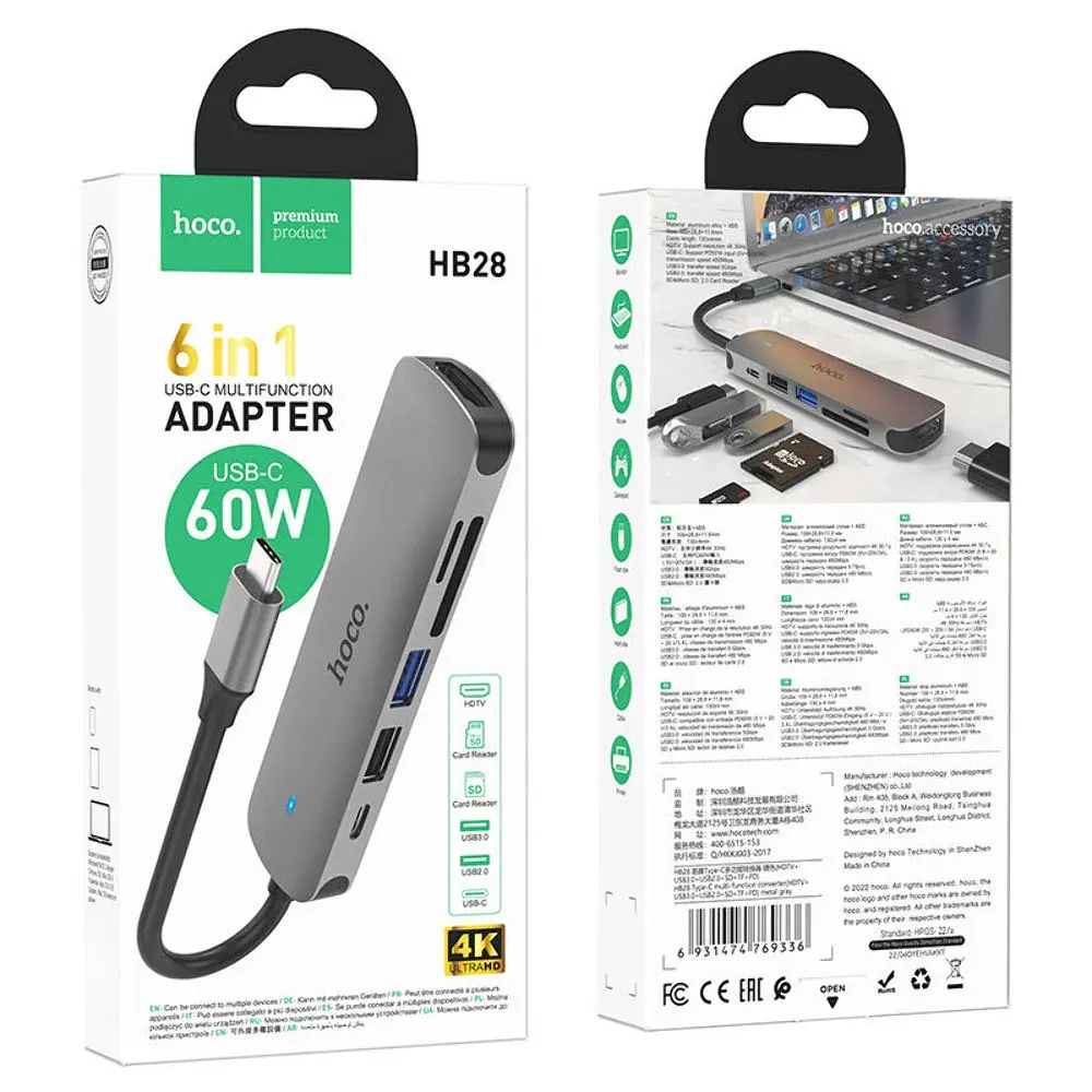 Мульти адаптер хаб Hoco HB28 6в1 Type-C to USB 3.0 F / USB 2.0 F / HDMI F / Type-C F / SD / TF PD 100W 0.135 м сірий - фото 6