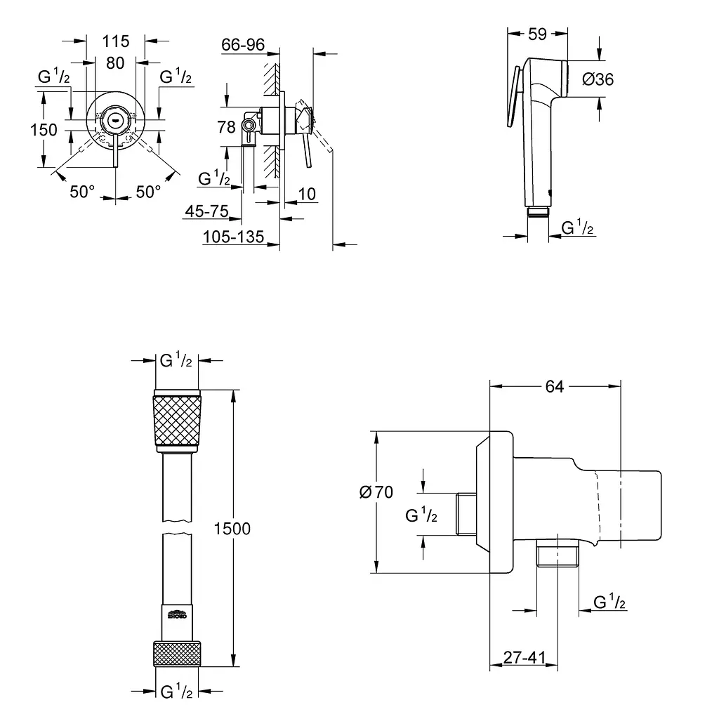Набір гігієнічного душу прихованого монтажу Grohe QuickFix BauClassic UA202606QF, Хром - фото 2