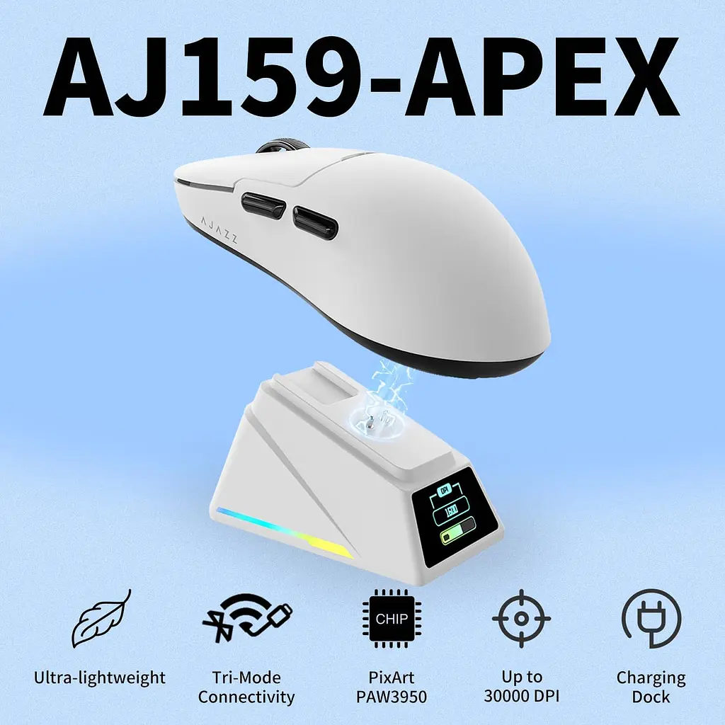 Мышка беспроводная AJAZZ AJ159 APEX Мышь компьютерная с Зарядной док-станцией / 2.4G / Bluetooth / USB White (19580) - фото 2