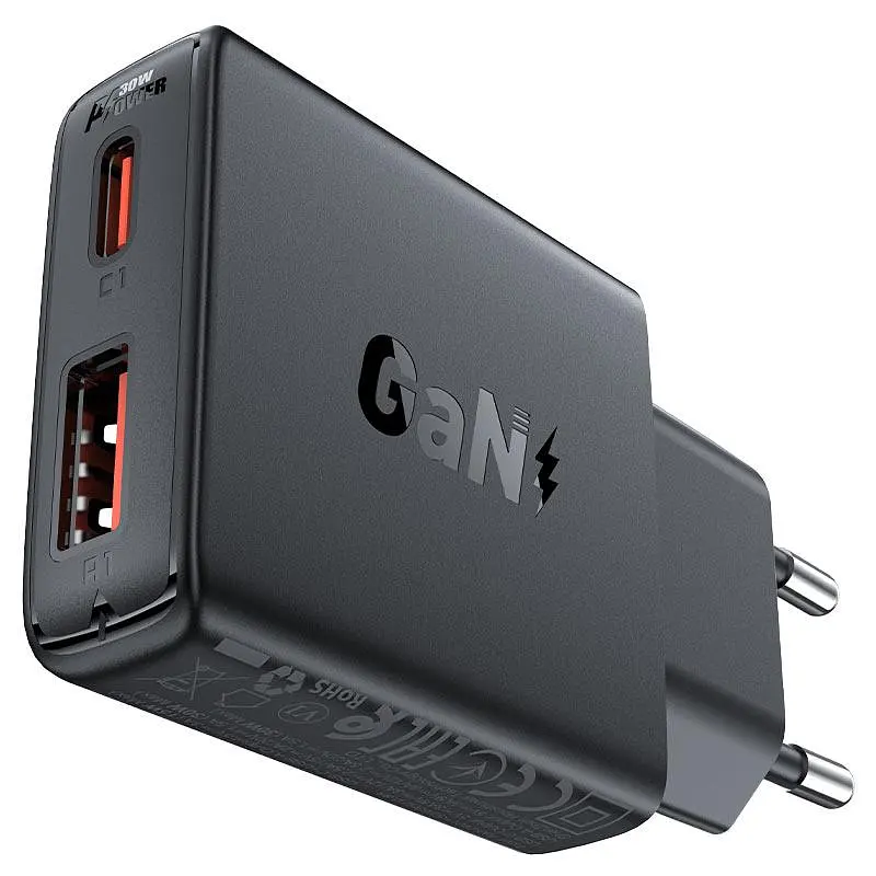 Сетевой зарядний пристрій ACEFAST A69 PD30W GaN (USB-A+USB-C) ultra-thin charger чорний - фото 2