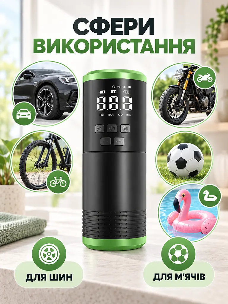 Автомобільний компресор акумуляторний з цифровим манометром, автостопом, LED та набором насадок, чорно-зелений (49676386) - фото 8