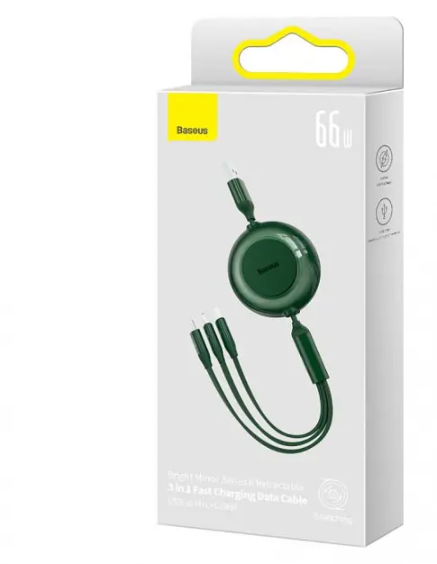 Кабель Baseus Bright Mirror 2 Series Retractable 3-in-1 Cable USB to MicroUSB+Lightning+Type-C 66W 1.1m CAMJ010106 Green - фото 4