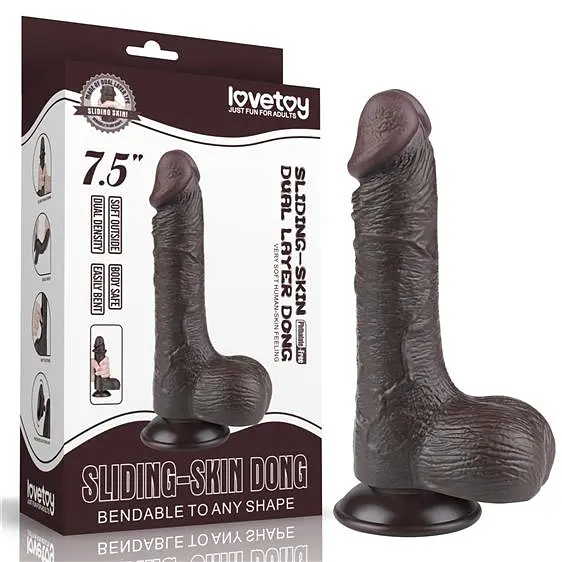 Фалоімітатор - Sliding-Skin Dual Layer Dong 7.5" Black #3 - фото 4