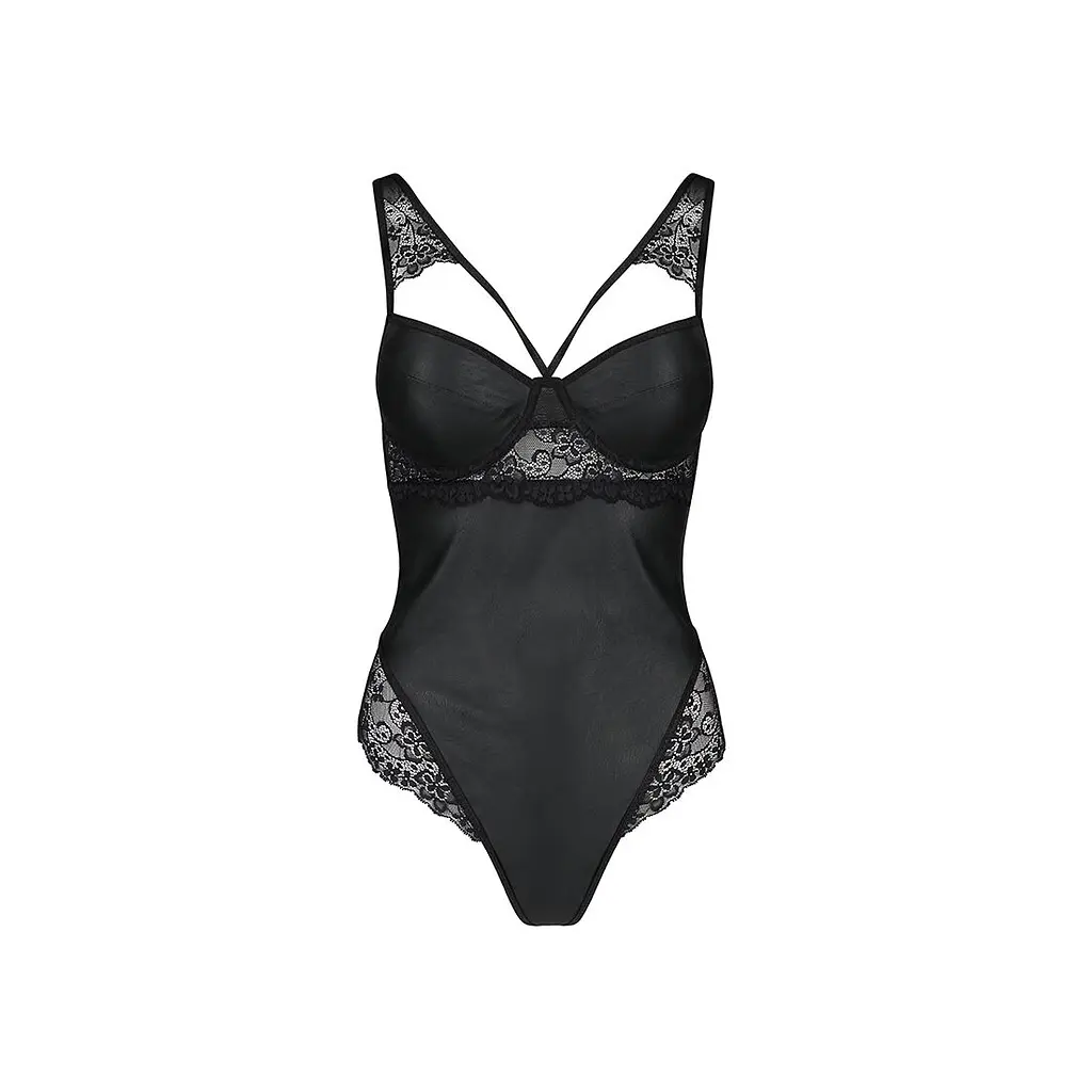 Боді з еко-шкіри та мережива Passion LOONA BODY S/M, black - фото 3