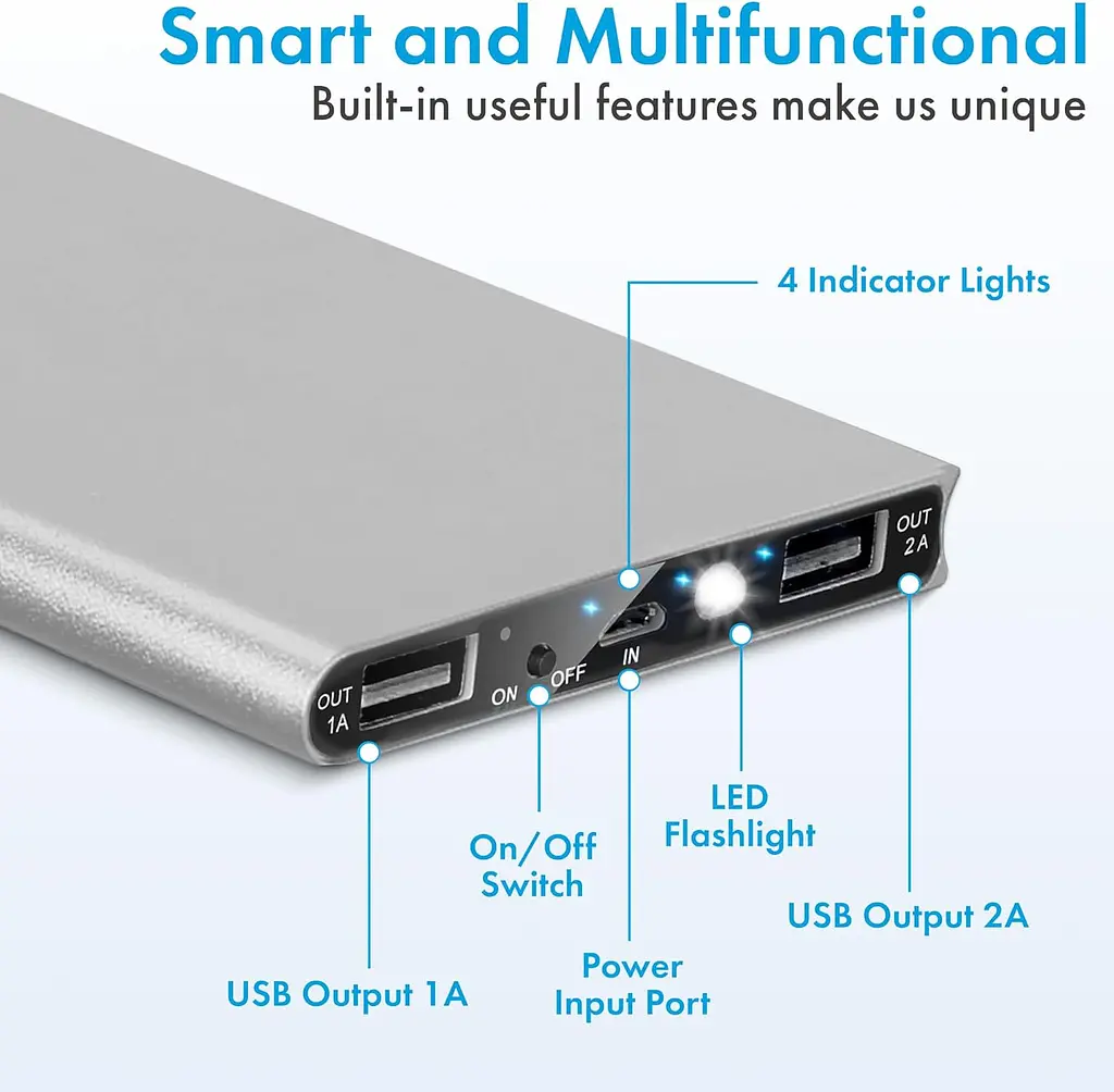 Внешний аккумулятор Power Bank 20000 mAh УМБ павербанк с фонариком LVR 018 Silver (19112) - фото 5