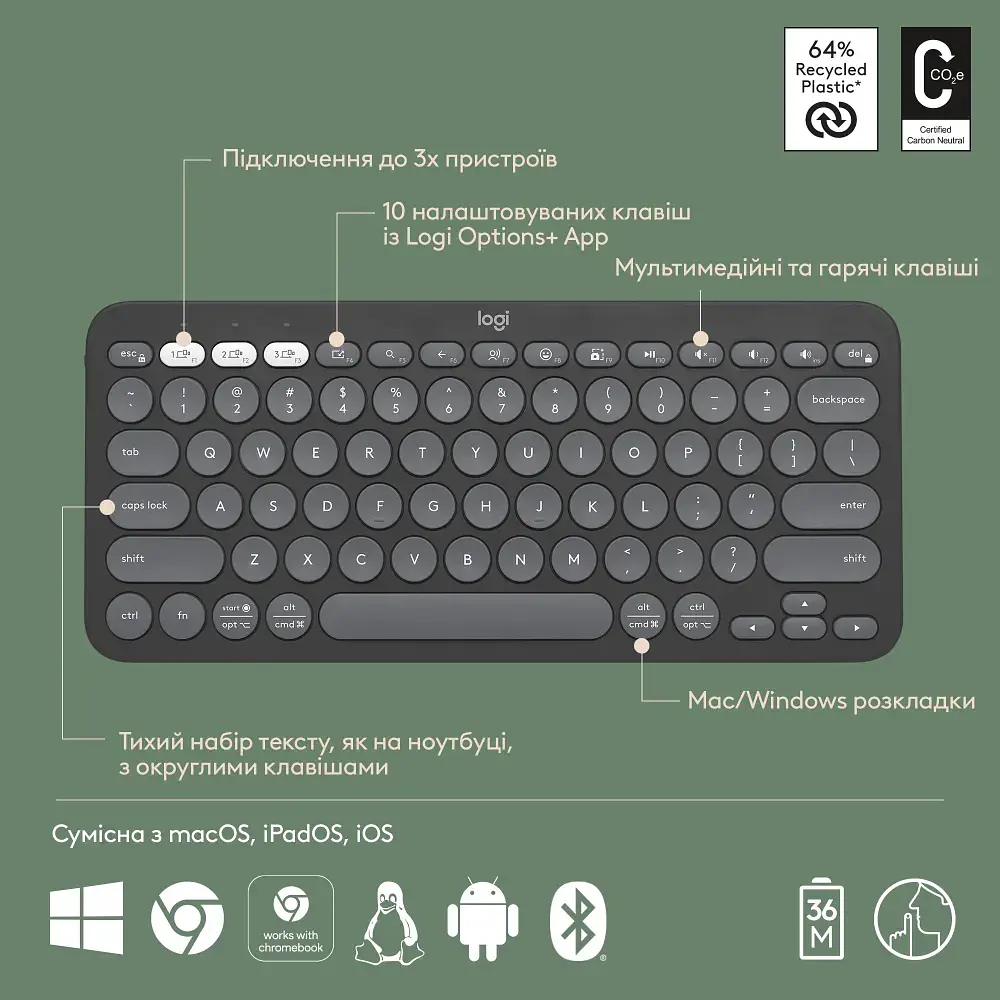 Клавіатура Logitech K380s Pebble Keys 2 Tonal Graphite (6915629) - фото 4