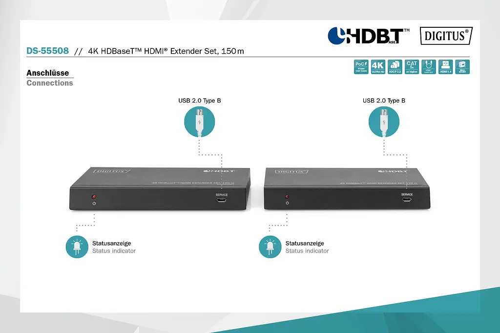 Набір подовжувачів Digitus DIGITUS HDMI, HDBaseT, UHD 4K2K@60Гц, (CАТ6А, 7,8), 150м - фото 2