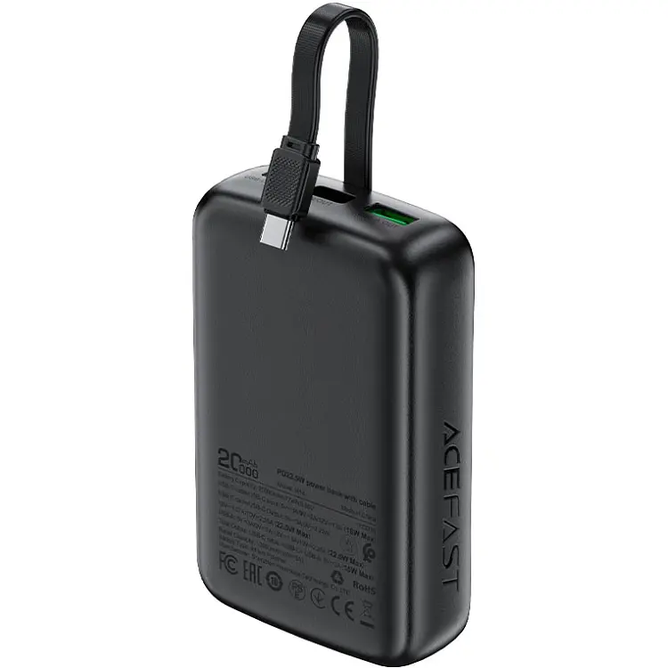 УМБ Acefast 20000mAh 22,5W PD,QC3.0 USB-A+USB-C In/Out,built-in cable M14 Black - фото 2