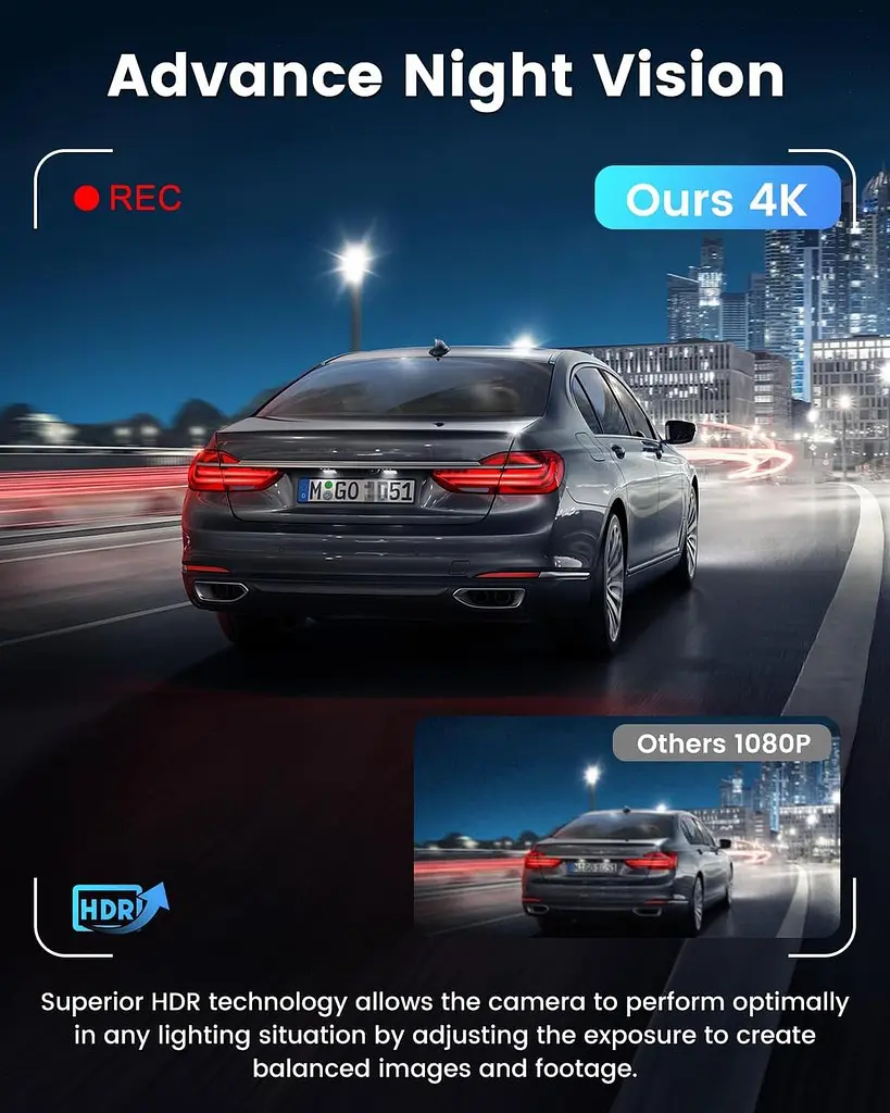 Відеореєстратор спереду та ззаду 4K+1080P з WiFi та додатком, подвійна автомобільна камера, карта на 64 ГБ у комплекті - фото 4
