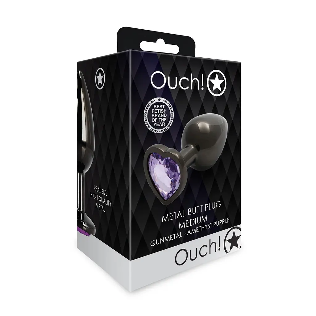 Анальна пробка Ouch! Heart Gem Butt Plug Medium, 8 см (чорний) - фото 3