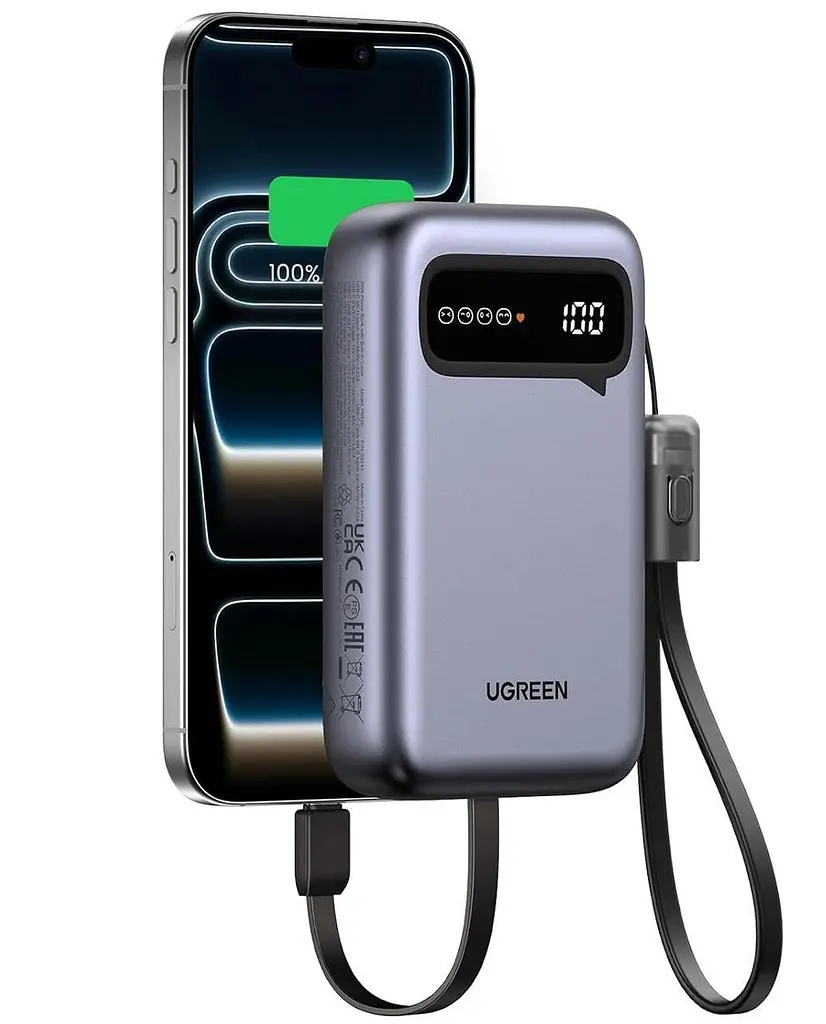Повербанк Ugreen PB525 20000 mAh 22.5 Вт з вбудованим кабелем Type-C швидкою наскрізною зарядкою та LED дисплеєм - фото 2