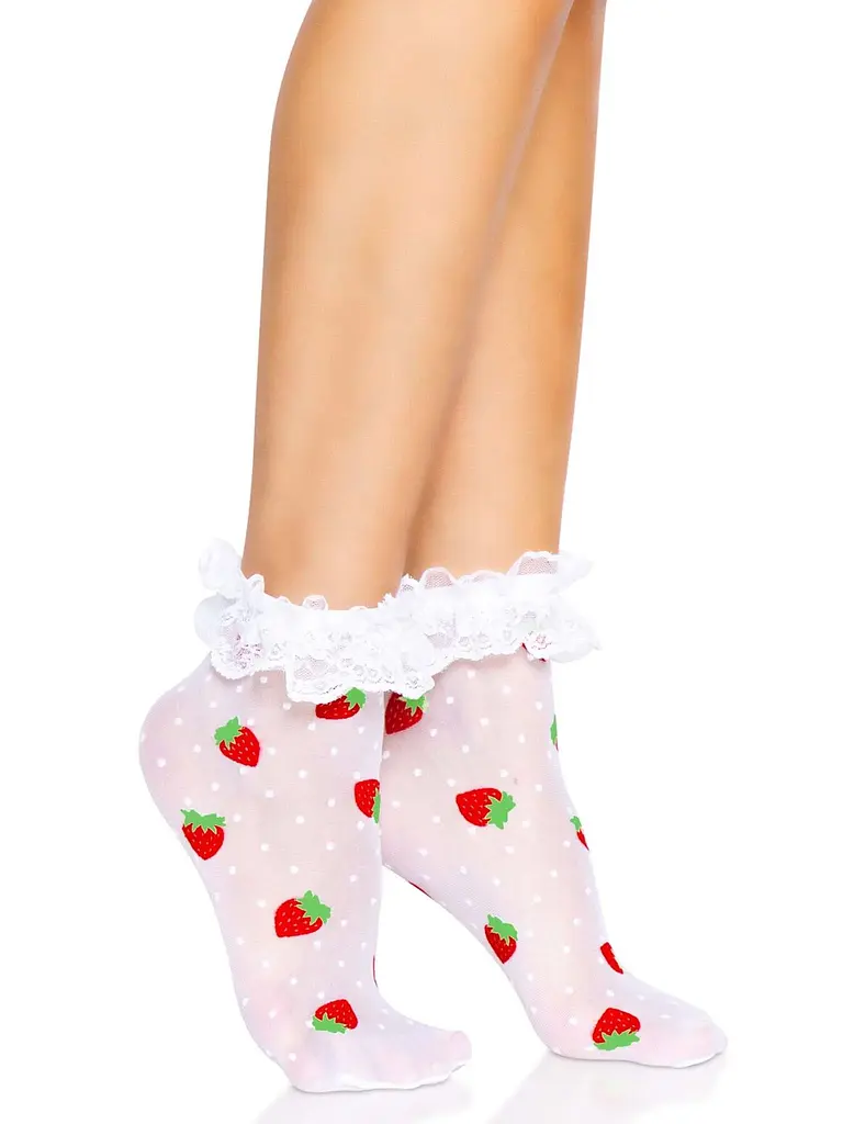Шкарпетки жіночі з полуничним принтом Leg Avenue Strawberry ruffle top anklets One size, мереживні м - фото 4