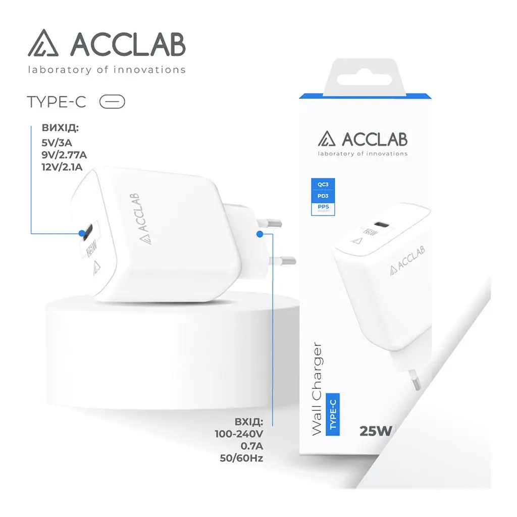 Зарядний пристрій ACCLAB AL-TC125 1xUSB-C, 5 В / 3 А, 25 Вт, QC/PD 3.0 (1283126538841) - фото 3