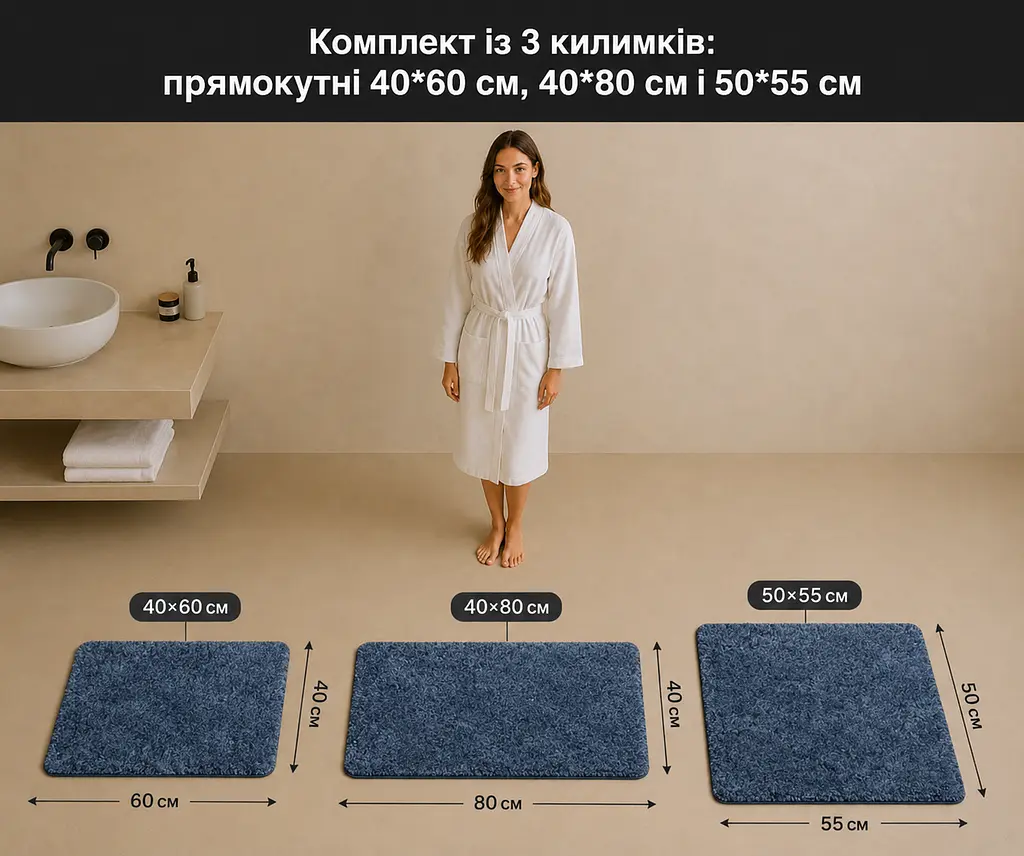 Комплект килимків для ванної кімнати 3 шт — прямокутні 40×60 см, 40×80 см і 50×55 см KT9000132 - фото 5