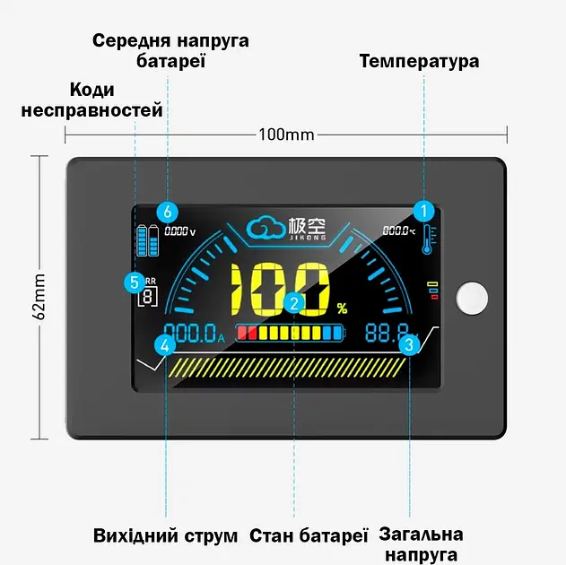 Дисплей до плати BMS JiKong LCD 3.2" з кнопкою активації для моніторингу параметрів акумуляторної батареї (19791) - фото 3