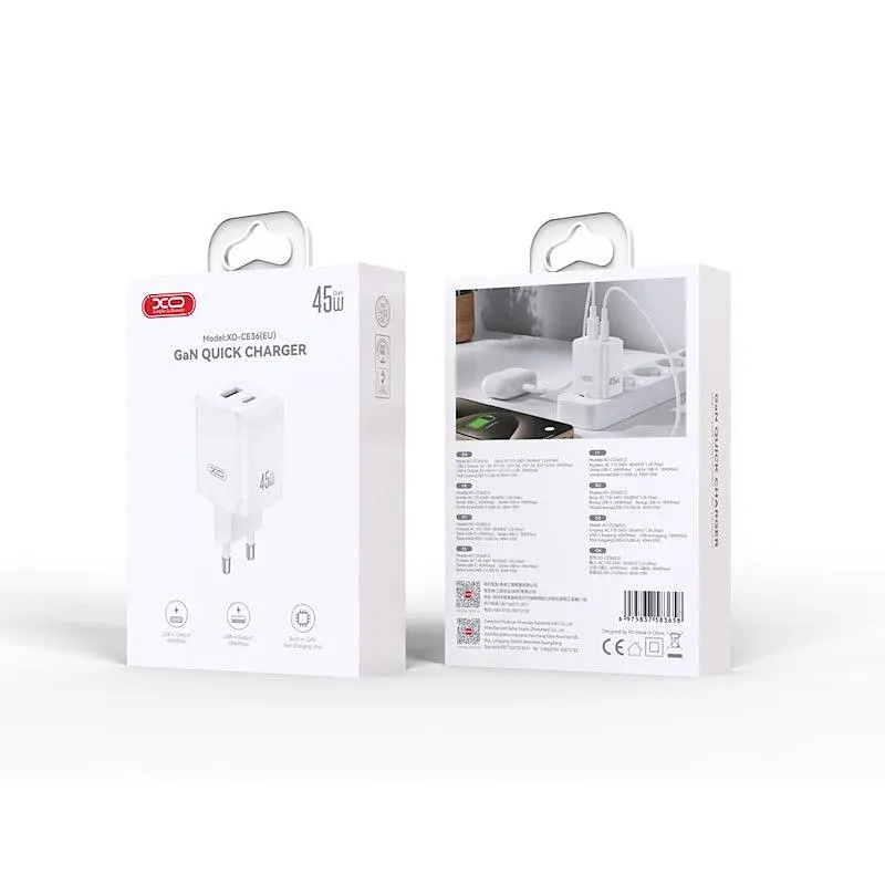Зарядний пристрій XO Gan CE36 45W/1 USB+1 USB-C White - фото 2
