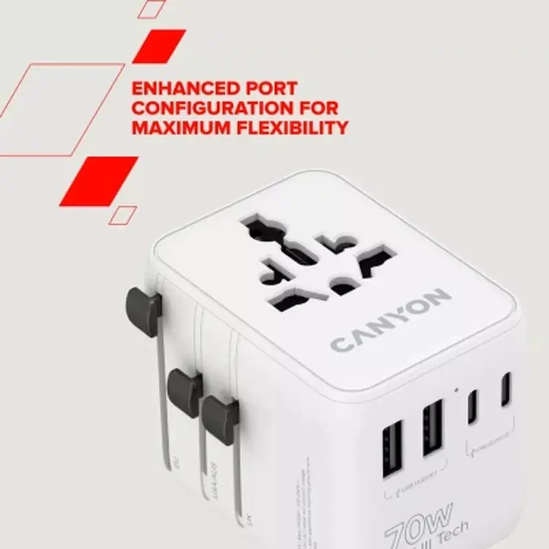 Зарядний пристрій Canyon OnTour 70 3xUSB-C + 2xUSB-A EU/UK/US/AUS 70W White (CNS-TA70W1006W) - фото 8