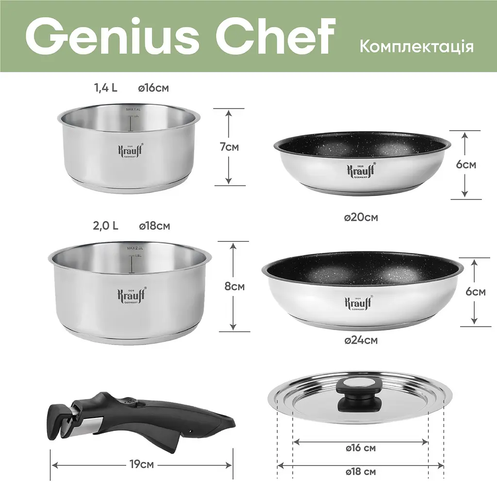 Набір з каструль та сотейників Krauff Genius Chef зі знімною ручкою + кулінарна ложка, щипці та лопатка - фото 3