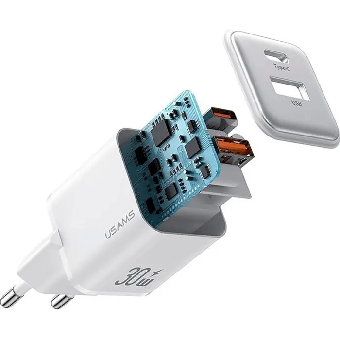 Мережевий зарядний пристрій Usams 30W Quick Charge 3.0 з швидкісною зарядкою (EU-вилка) Білий (6958444904962) - фото 2