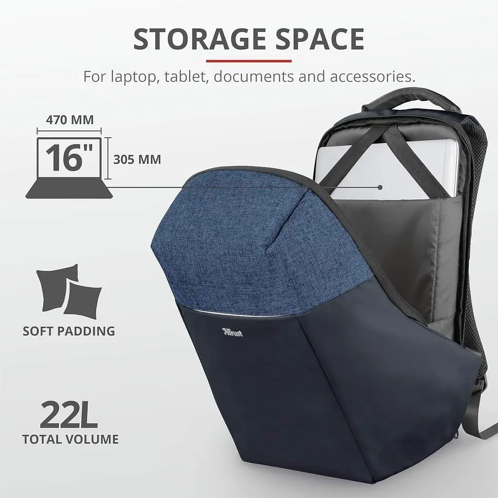 Рюкзак для ноутбука Trust Nox Anti-theft 16" BLUE (23307_TRUST) - фото 9
