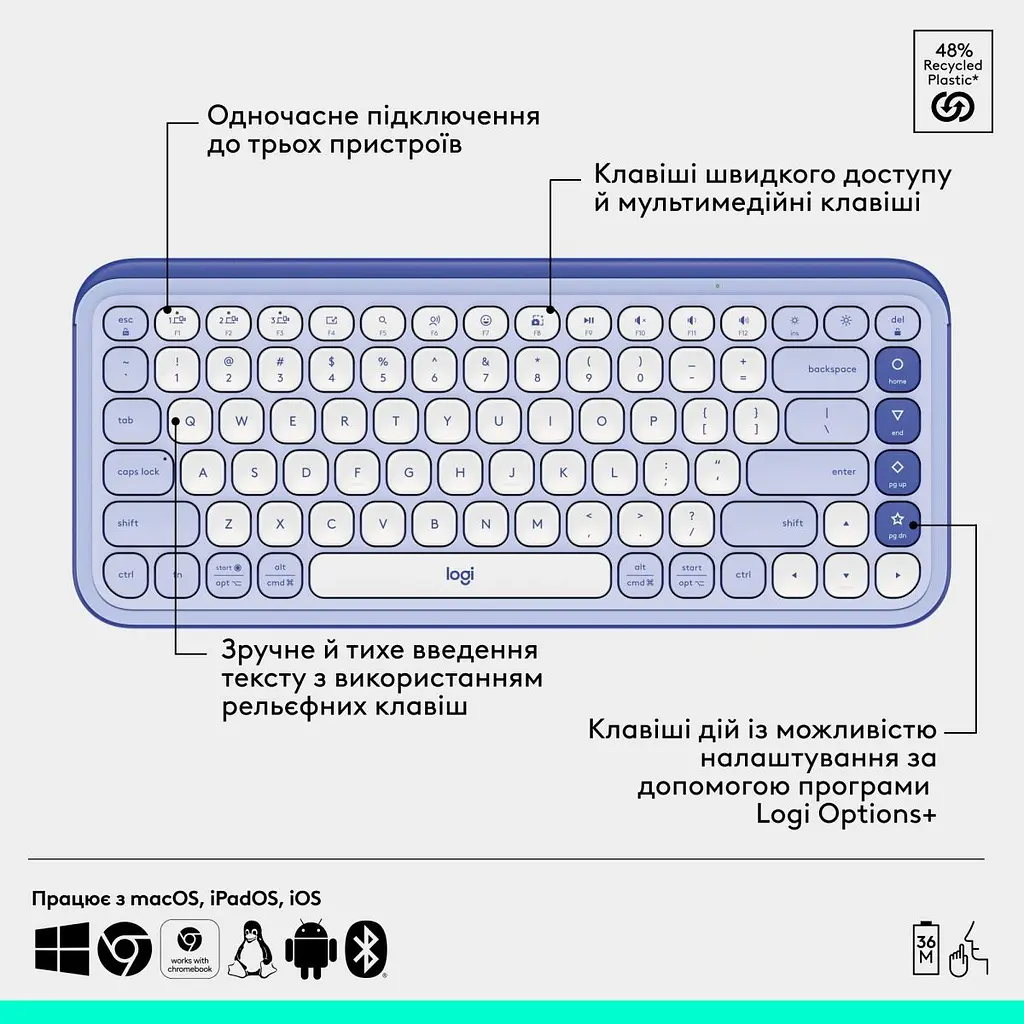 Комплект клавіатура та миша Logitech POP Icon Combo Bluetooth UA Lilac [920-013078] [121103] - фото 10