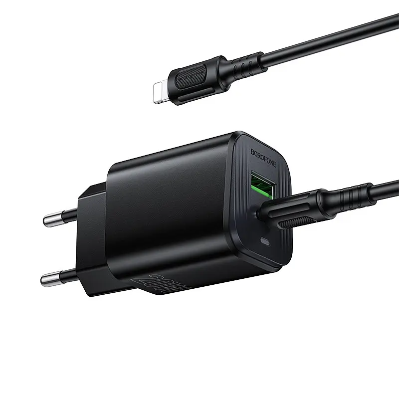 Мережевий зарядний пристрій з кабелем BOROFONE BAS83A Star PD20W+QC3.0 charger set (C to iP) (EU) Чорний - фото 3
