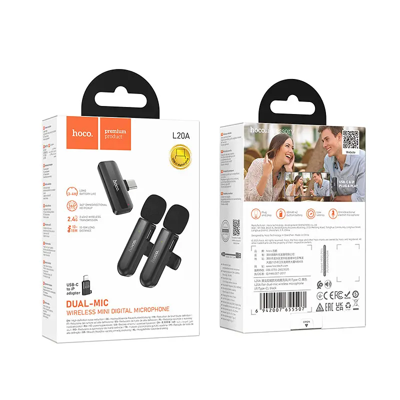 Мікрофонна система бездротова Hoco L20A Fair dual-mic wireless microphone iP/Type-C чорний - фото 2