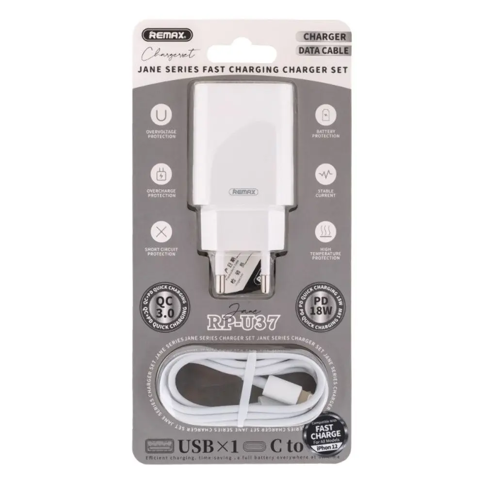 Зарядний пристрій Remax RP-U37 USB/ Type-C QC PD білий + кабель Type-C to Lightning - фото 4