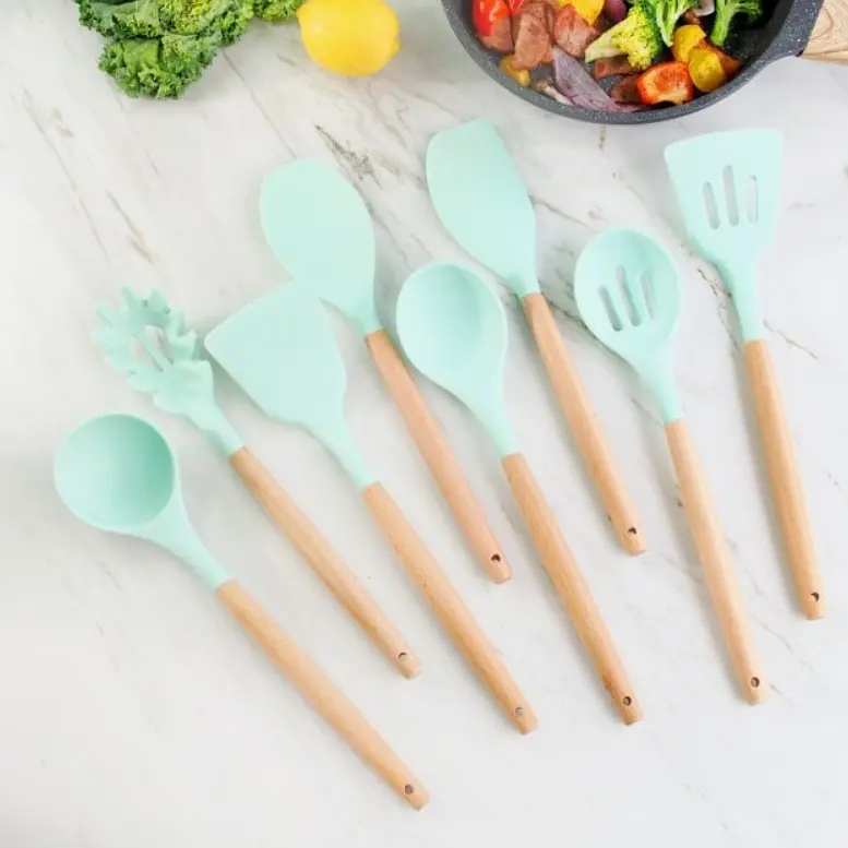 Кухонный набор Silikone Kitchen Set мятный из силикона с бамбуковой ручкой из 12 предметов - фото 6