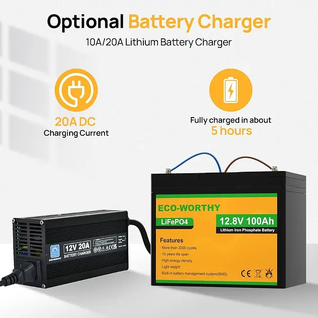 Акумулятор Eco Worthy LiFePO4 12V 100Ah (1280Wh) із вбудованим BMS, 3000+ циклів - фото 3