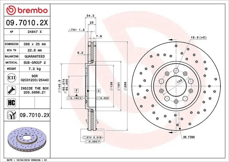 Диск гальмівний передній вентильований Seat Cordoba, Ibiza III-IV 96-25р Brembo (09.7010.2X) - фото 2