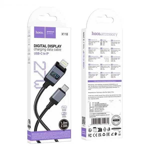 Кабель Hoco X118 Generous PD27W charging data cable with display iP Black - фото 2