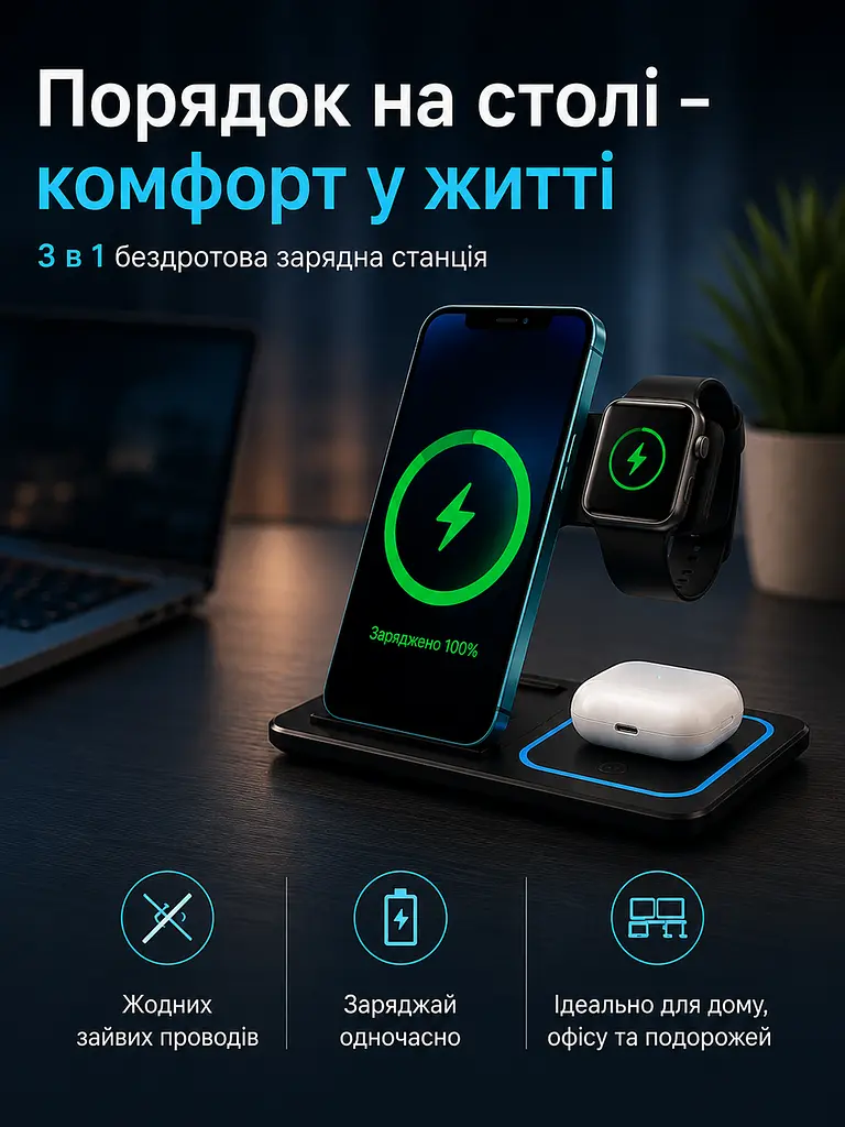 Бездротова зарядна станція 3 в 1 15 W для iPhone, Apple Watch і AirPods чорна (49675896) - фото 8