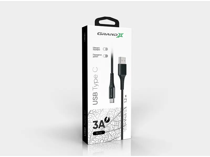 Кабель Grand-X USB-type C FC-12B 3A, 1.2m, Fast Сharge, Black товст.нейлон обплетення, преміум BOX - фото 4