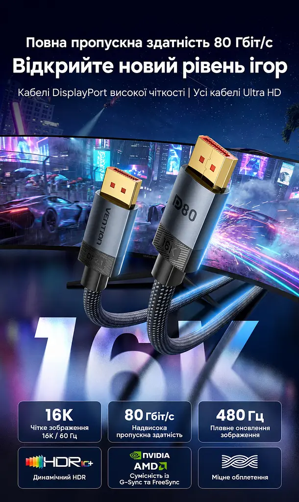 Кабель DisplayPort Vention HGCHF 2.1 16K 60 Гц 1 м сірий (HGCHF) - фото 2
