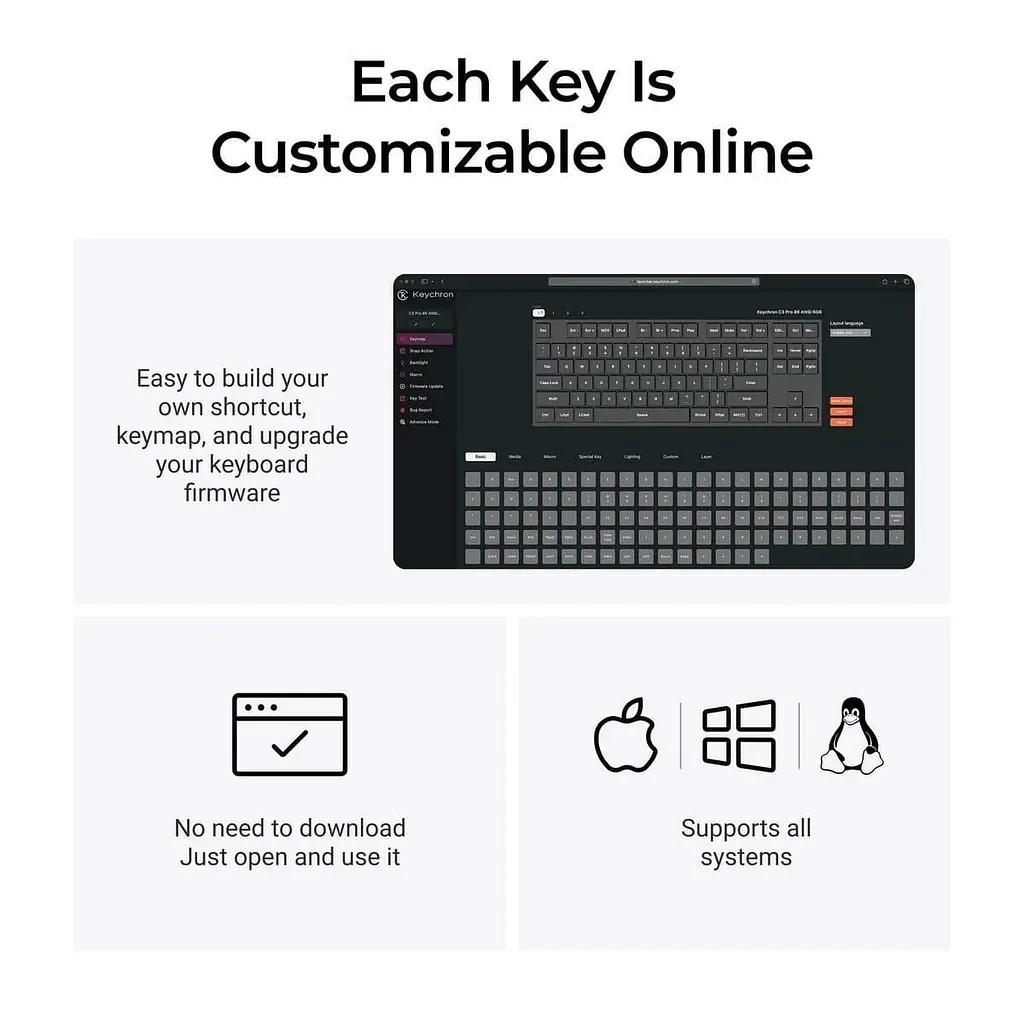 Клавіатура Keychron C3 Pro V2 87Key K pro Brown USB-A QMK Hot-swap 8K EN/UKR RGB Black (C3PX-H3-UA) - фото 15