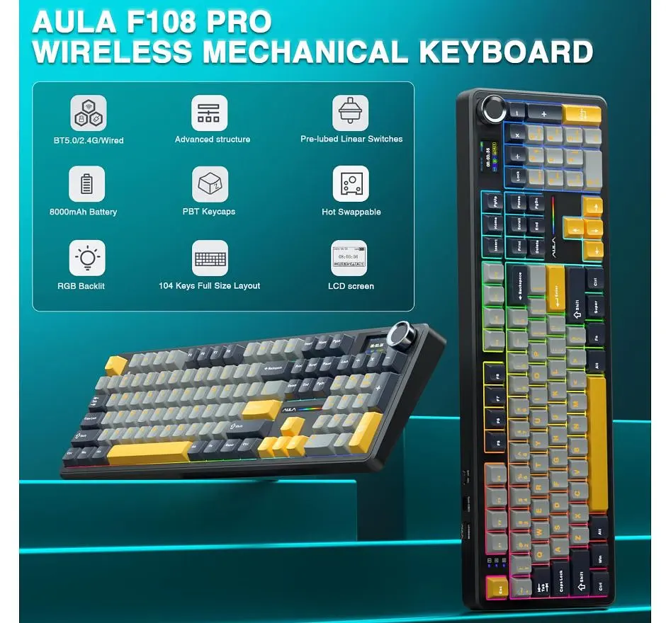 Клавіатура ігрова AULA F-108-Pro Wireless Gasket Keyboard Reaper switch, 2.4G, BT, Black - фото 7