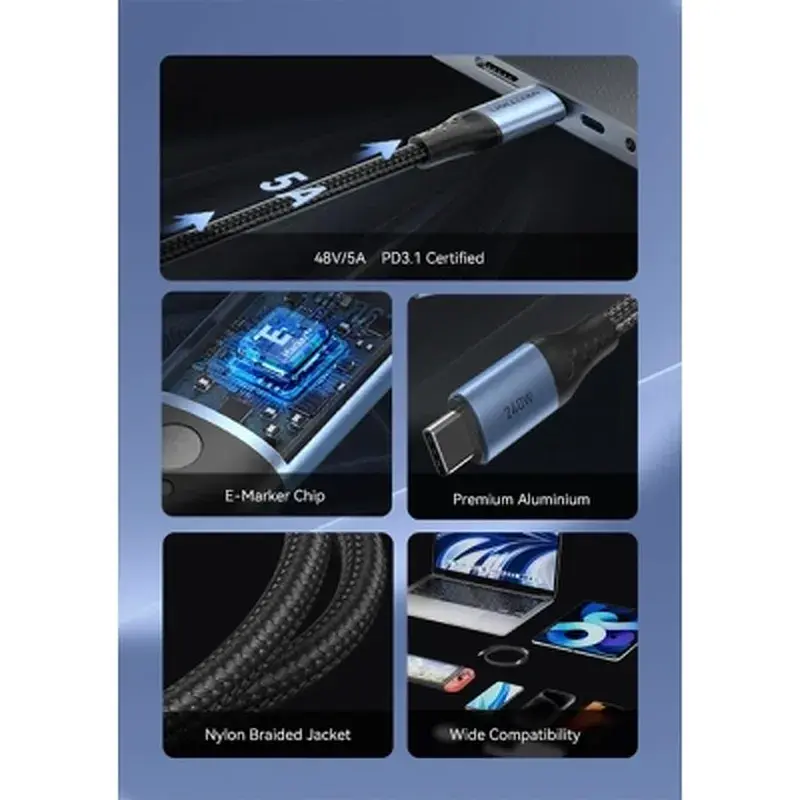Дата кабель USB-C to USB-C 1.5m 240W aluminum black Vention (TREBG) - фото 3