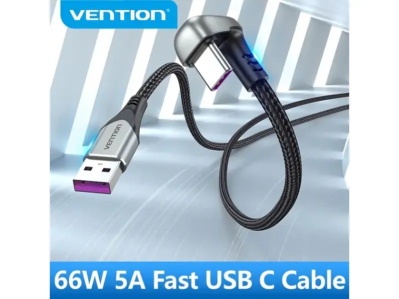 Кабель USB Type-C Vention TPE Nylon U-Shaped 180° PD 66W 5A 480Mbps nickel-plated 1.5 m Grey (COHHG) - фото 3