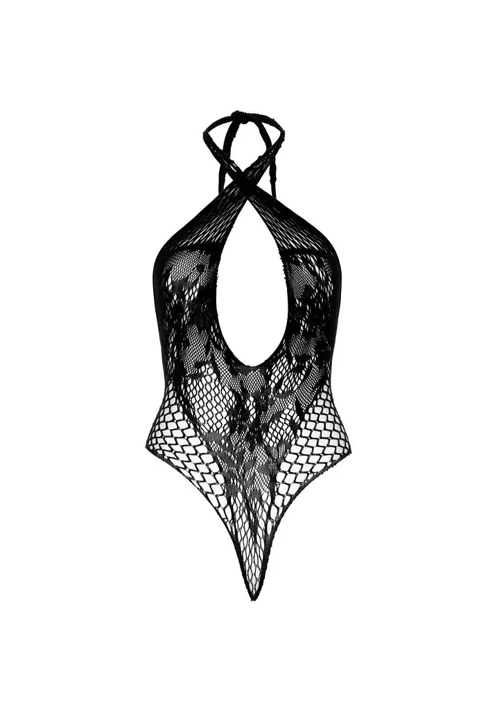 Кружевное тедди Leg Avenue Lace and net halter teddy One size Black глубокий вырез халтер - фото 7