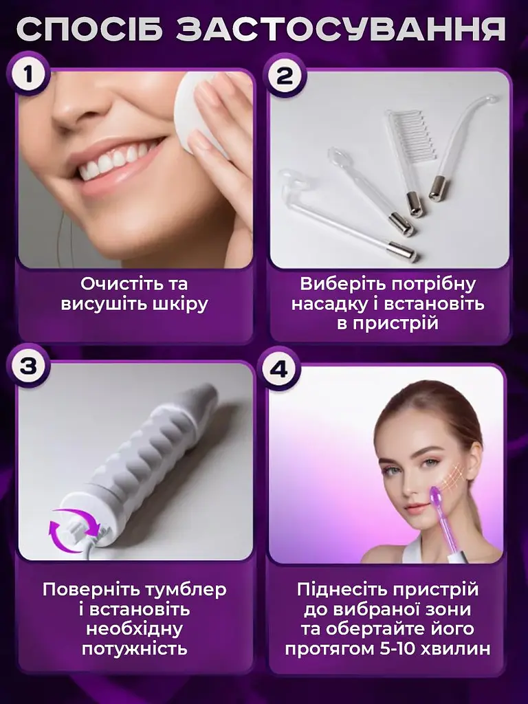 Дарсонваль набір з 4 насадками косметологічний апарат для догляду за шкірою, волоссям (6928470962106) - фото 3