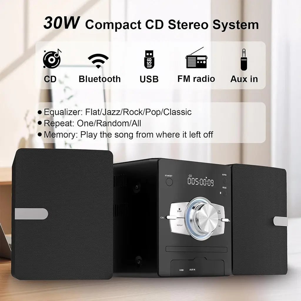 Домашняя стереосистема с CD-плеером, FM-радио, Bluetooth, AUX in, USB-in, разъем для наушников, пульт дистанционного управления - фото 3